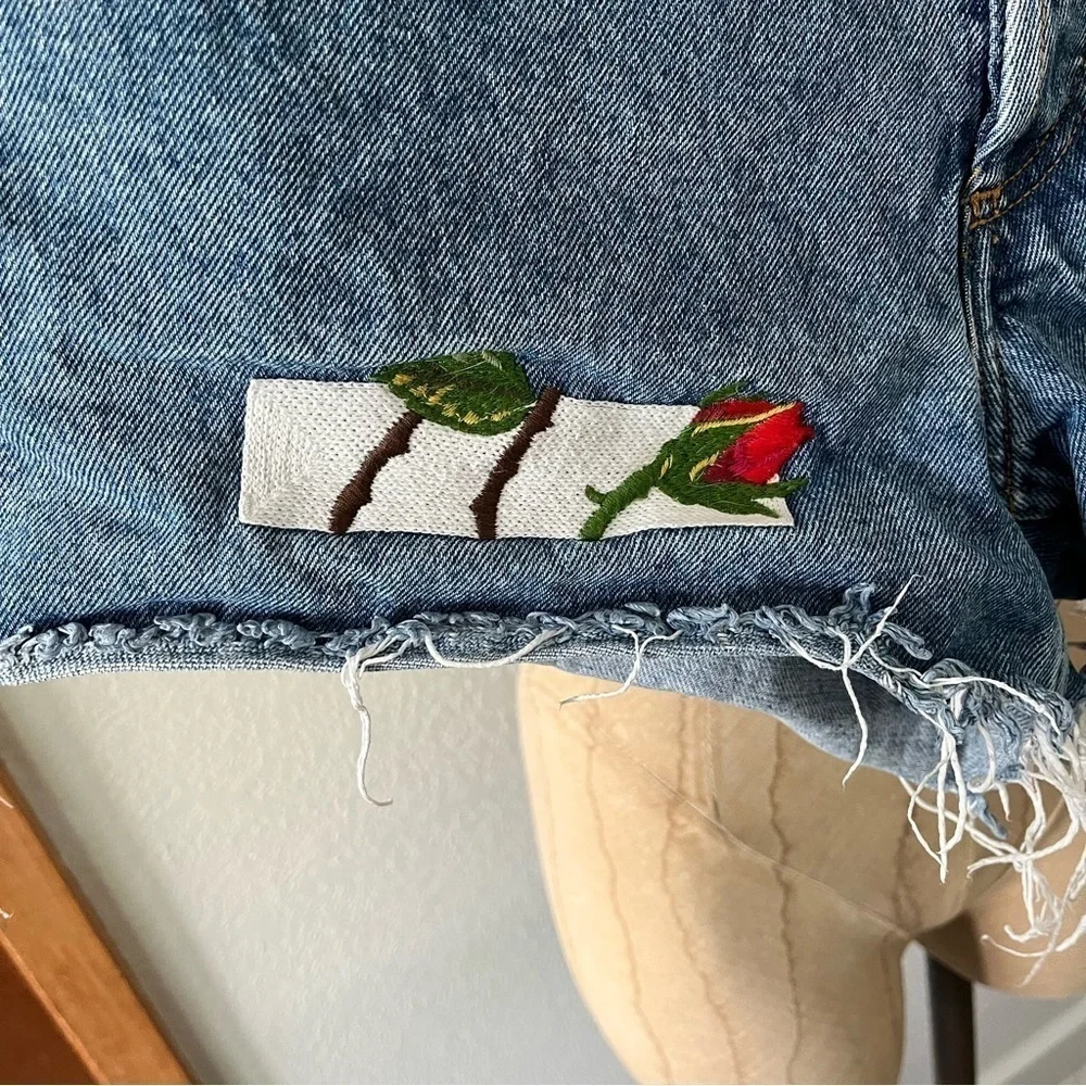 OFF-WHITE Main Label Blue Denim Shorts sz 28 Rose Stripe Virgil Abloh
